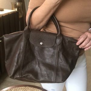 Long champ brown leather satchel with body strap